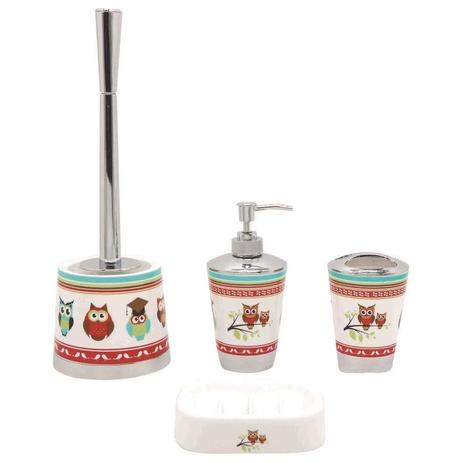 Kit para banheiro decorado coruja completo com escova sanitaria, saboneteira e porta escova de dente - Gimp Menor preço em Kit para banheiro decorado coruja completo com escova sanitaria, saboneteira e porta escova de dente - Gimp