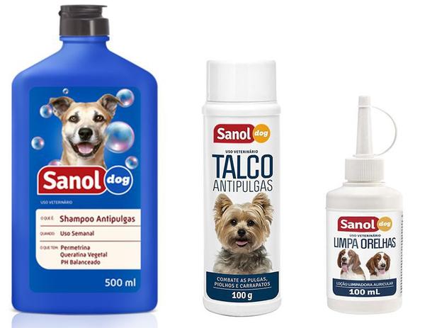 Kit para cães: Shampoo para cachorro Anti pulgas + Talco Anti pulgas + Limpa Orelhas Sanol Menor preço em Kit para cães: Shampoo para cachorro Anti pulgas + Talco Anti pulgas + Limpa Orelhas Sanol
