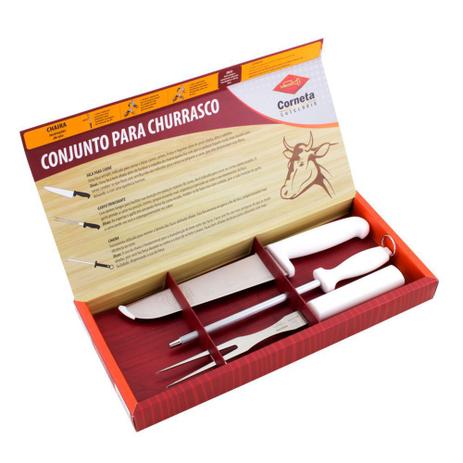 Kit para Churrasco com Faca Chaira e Garfo Cabo Branco Corneta 75.536.93 Menor preço em Kit para Churrasco com Faca Chaira e Garfo Cabo Branco Corneta 75.536.93