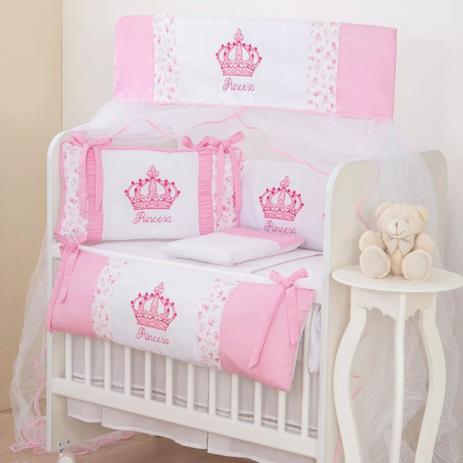 Kit para Mini Berço 9 peças Princesa Rosa com Branco - I9 baby Menor preço em Kit para Mini Berço 9 peças Princesa Rosa com Branco - I9 baby