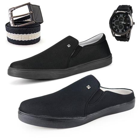 KIT Pares Tênis Slip On Masculino Preto + Sapatenis Masculino Preto +  Relógio + Cinto - Tums - Kit Masculino - Magazine Luiza
