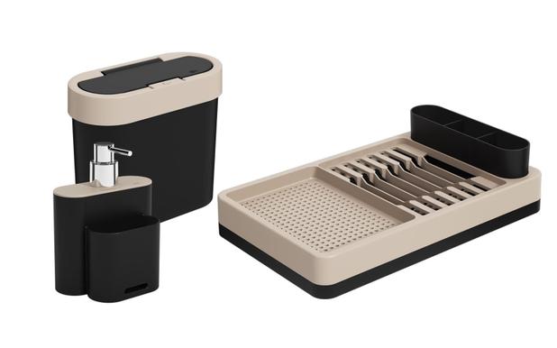 Kit Pia Escorredor Dispenser e Lixeira Flat Preto - Coza Menor preço em Kit Pia Escorredor Dispenser e Lixeira Flat Preto - Coza