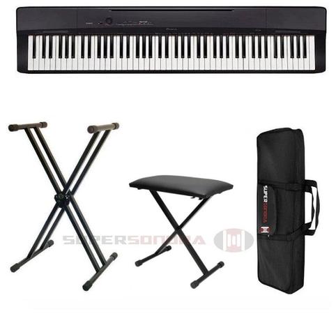 Kit Piano CASIO Privia PX-160BK Preto + Suporte em X + Banqueta em X + Capa + Pedal + Fonte Menor preço em Kit Piano CASIO Privia PX-160BK Preto + Suporte em X + Banqueta em X + Capa + Pedal + Fonte