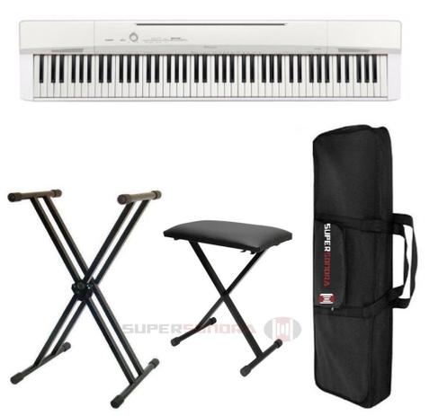 Kit Piano CASIO Privia PX-160WE Branco + Suporte em X + Banqueta em X + Capa + Pedal + Fonte Menor preço em Kit Piano CASIO Privia PX-160WE Branco + Suporte em X + Banqueta em X + Capa + Pedal + Fonte