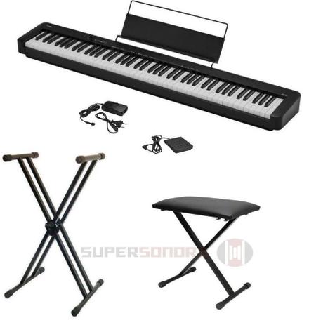 Kit Piano CDP-S100 BK CASIO - Funciona Também com Pilhas + Suporte + Banqueta + Pedal + Fonte Menor preço em Kit Piano CDP-S100 BK CASIO - Funciona Também com Pilhas + Suporte + Banqueta + Pedal + Fonte