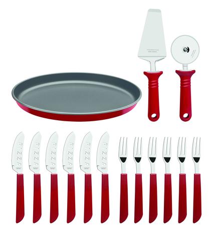 Kit Pizza Faqueiro Tramontina Lâminas Aço Inox e Cabos Polipropileno Vermelho 14 Peças + Forma Menor preço em Kit Pizza Faqueiro Tramontina Lâminas Aço Inox e Cabos Polipropileno Vermelho 14 Peças + Forma