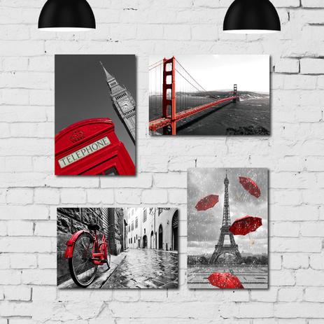 Kit Placa Decorativa MDF Cidades em Detalhe Vermelho 4un 30x40 - Quartinhos é boa?