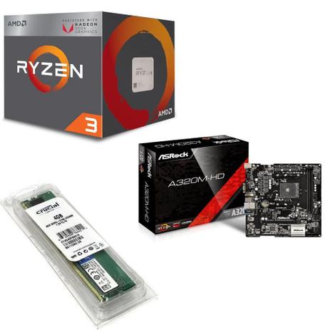 Kit Placa Mãe Asrock A320M + Processador AMD Ryzen 3 2200G 3.5GHZ Quad Core + 4GB DDR4 2400MHZ Menor preço em Kit Placa Mãe Asrock A320M + Processador AMD Ryzen 3 2200G 3.5GHZ Quad Core + 4GB DDR4 2400MHZ