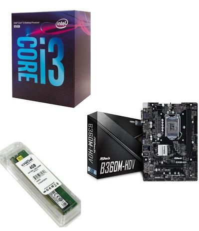 Kit Placa Mãe ASRock B360M-HDV + Processador Intel Core i3-8100 + 4GB DDR4 2400MHZ Crucial - Oem Menor preço em Kit Placa Mãe ASRock B360M-HDV + Processador Intel Core i3-8100 + 4GB DDR4 2400MHZ Crucial - Oem