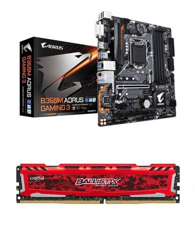Kit Placa Mãe Gigabyte Aorus Gaming 3 B360M + 01 Memoria 8Gb 2400Mhz Crucial Grey - Intel/gigabyte/crucial Menor preço em Kit Placa Mãe Gigabyte Aorus Gaming 3 B360M + 01 Memoria 8Gb 2400Mhz Crucial Grey - Intel/gigabyte/crucial