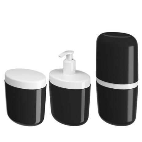 Kit Porta Sabonete Líquido Dispenser Suporte Escova Dente Algodão Cotonete - Coza Menor preço em Kit Porta Sabonete Líquido Dispenser Suporte Escova Dente Algodão Cotonete - Coza