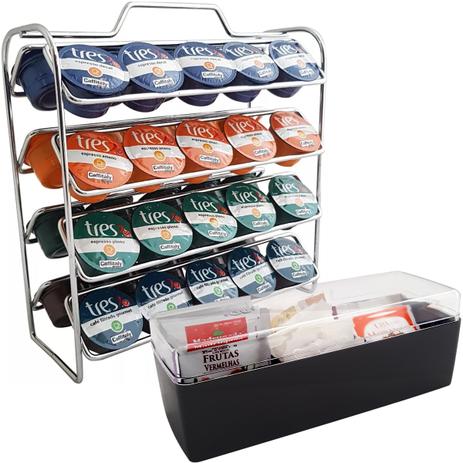 Kit Porta Sache de Açucar Chá e Porta Cápsulas Três Corações Cromado com Preto - Zanline Menor preço em Kit Porta Sache de Açucar Chá e Porta Cápsulas Três Corações Cromado com Preto - Zanline
