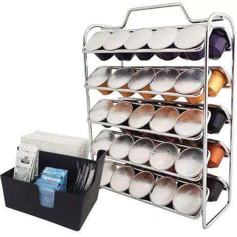 Kit Porta Sachês Guardanapos Açúcar Porta Cápsulas Nespresso Cromado com Preto - Zanline Menor preço em Kit Porta Sachês Guardanapos Açúcar Porta Cápsulas Nespresso Cromado com Preto - Zanline