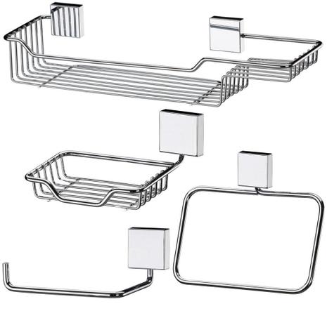 Kit Porta Shampoo, Saboneteira, Papeleira, Toalheiro Argola Aço Inox - Future Menor preço em Kit Porta Shampoo, Saboneteira, Papeleira, Toalheiro Argola Aço Inox - Future