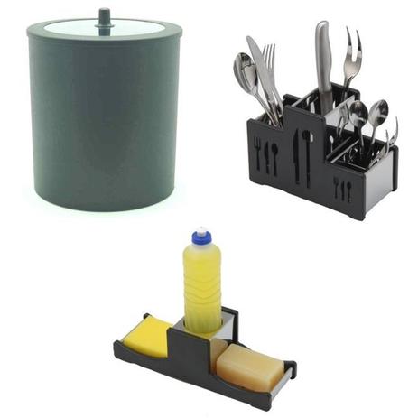 Kit Porta Talheres + Porta Sabão + Lixeira 5 Litros Soltecn Preto. Menor preço em Kit Porta Talheres + Porta Sabão + Lixeira 5 Litros Soltecn Preto.