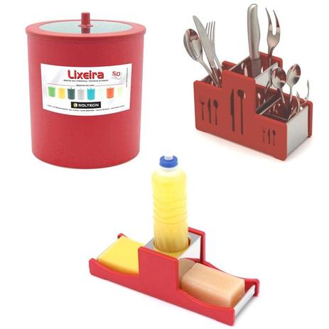 Kit Porta Talheres + Porta Sabão + Lixeira 5 Litros Soltecn Vermelho. Menor preço em Kit Porta Talheres + Porta Sabão + Lixeira 5 Litros Soltecn Vermelho.