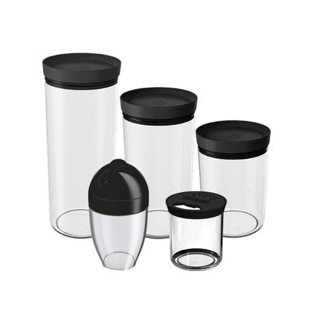 Kit Potes Porta Mantimentos Farinheiro Tampa Preto 5 peças - Uz Menor preço em Kit Potes Porta Mantimentos Farinheiro Tampa Preto 5 peças - Uz