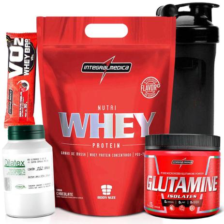 Kit Pra Ficar Forte - Nutri Whey Protein Refil + Glutamina Isolates + Dilatex Extra Pump + Shaker - Integralmedica Menor preço em Kit Pra Ficar Forte - Nutri Whey Protein Refil + Glutamina Isolates + Dilatex Extra Pump + Shaker - Integralmedica