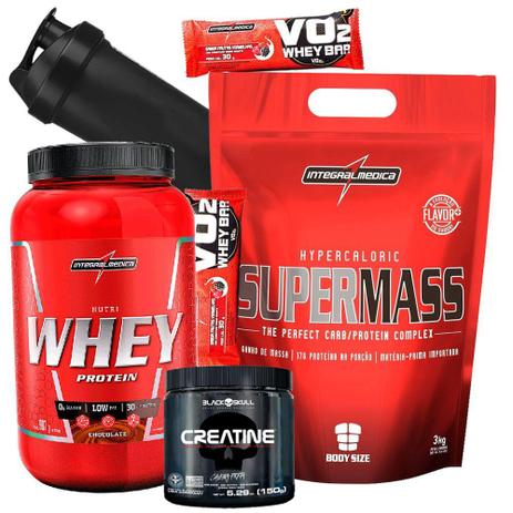 Kit Pra Ganhar Massa Rapido - Nutri Whey Pote 907g + Supermass 3kg + Creatina Bope + Coqueteleira - Integralmedica Menor preço em Kit Pra Ganhar Massa Rapido - Nutri Whey Pote 907g + Supermass 3kg + Creatina Bope + Coqueteleira - Integralmedica