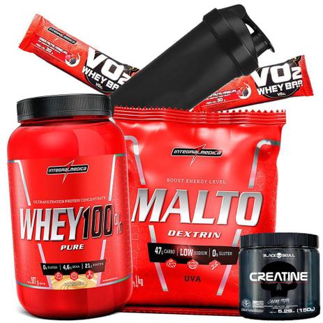 Kit Pra Ganhar Massa - Super Whey Protein Puro 900g + Maltodextrin 1kg + Creatina Caveira Preta 150g - Integralmedica Menor preço em Kit Pra Ganhar Massa - Super Whey Protein Puro 900g + Maltodextrin 1kg + Creatina Caveira Preta 150g - Integralmedica