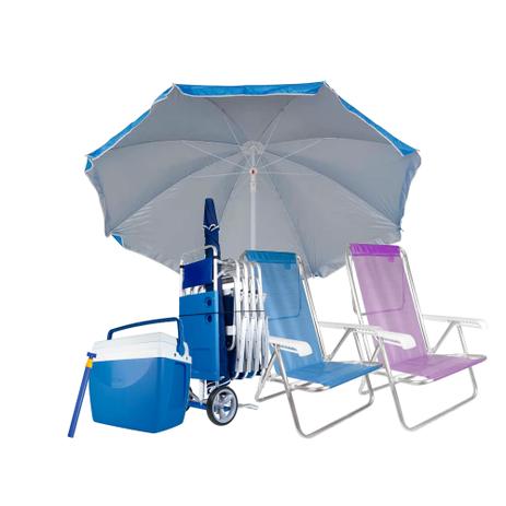 Kit Praia Completo 2 Cadeira Praia 8 Pos. Aluminio + Guarda-Sol 1,80m + Caixa Térmica 34L + Carrinho + Saca-Areia - Mor Menor preço em Kit Praia Completo 2 Cadeira Praia 8 Pos. Aluminio + Guarda-Sol 1,80m + Caixa Térmica 34L + Carrinho + Saca-Areia - Mor