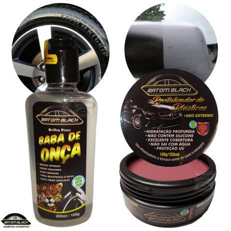 Kit Pretinho Baba de Onça Brilha Pneu + Revitalizador de Plásticos e Parachoque - Batom Black Menor preço em Kit Pretinho Baba de Onça Brilha Pneu + Revitalizador de Plásticos e Parachoque - Batom Black