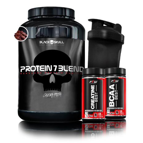 Kit protein 7 blend - black skull + bcaa best + creatine best + coqueteleira ftw Menor preço em Kit protein 7 blend - black skull + bcaa best + creatine best + coqueteleira ftw