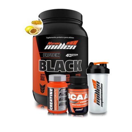 Kit Protein Black 840g + Creatina + BCAA Complex + Coqueteleira - New Millen Menor preço em Kit Protein Black 840g + Creatina + BCAA Complex + Coqueteleira - New Millen