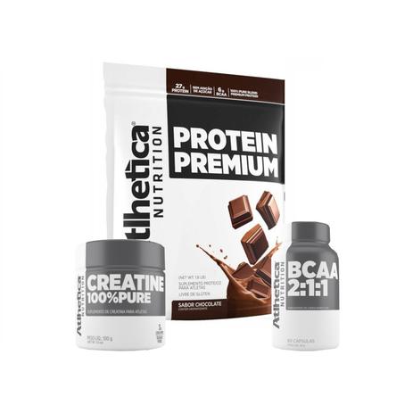 Kit PROTEIN PREMIUM 1,8 kg Chocolate + BCAA + CREATINA Atlhetica Nutrition Menor preço em Kit PROTEIN PREMIUM 1,8 kg Chocolate + BCAA + CREATINA Atlhetica Nutrition