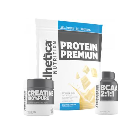 Kit PROTEIN PREMIUM 850g Baunilha + BCAA + CREATINA Atlhetica Nutrition Menor preço em Kit PROTEIN PREMIUM 850g Baunilha + BCAA + CREATINA Atlhetica Nutrition