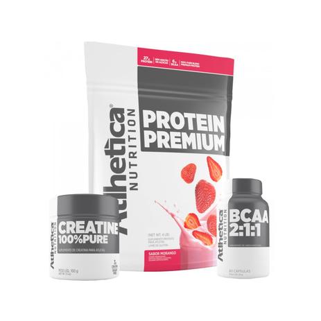 Kit PROTEIN PREMIUM 850g Morango + BCAA + CREATINA Atlhetica Nutrition Menor preço em Kit PROTEIN PREMIUM 850g Morango + BCAA + CREATINA Atlhetica Nutrition