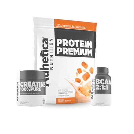 Kit PROTEIN PREMIUM 850g Peanut Butter + BCAA + CREATINA Atlhetica Nutrition Menor preço em Kit PROTEIN PREMIUM 850g Peanut Butter + BCAA + CREATINA Atlhetica Nutrition