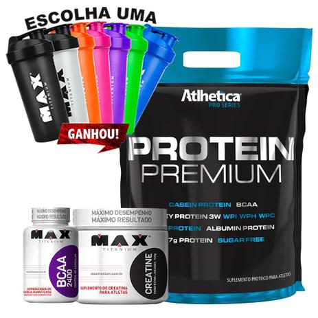Kit Protein Premium + Creatina + Bcaa + Coqueteleira - Atlhetica Menor preço em Kit Protein Premium + Creatina + Bcaa + Coqueteleira - Atlhetica