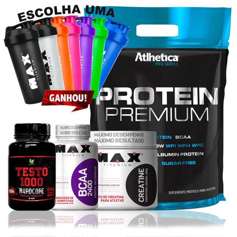 Kit Protein Premium + Creatina + Bcaa + Testo 1000 hardcore - Max titanium Menor preço em Kit Protein Premium + Creatina + Bcaa + Testo 1000 hardcore - Max titanium