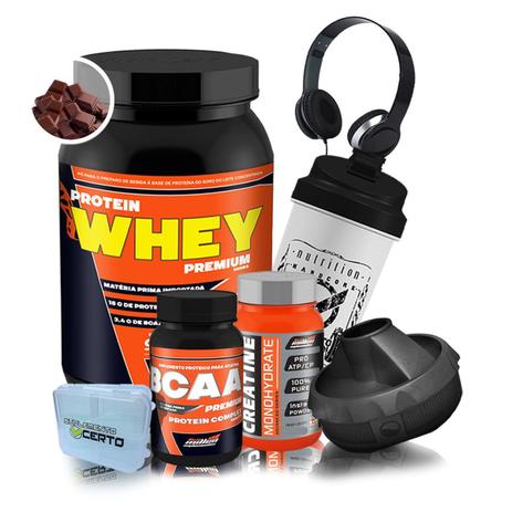 Kit Protein Whey Protein Premium 900g + Creatina + BCAA + Fone + Porta Cáps + Coq + Tampa Dosadora - New Millen Menor preço em Kit Protein Whey Protein Premium 900g + Creatina + BCAA + Fone + Porta Cáps + Coq + Tampa Dosadora - New Millen