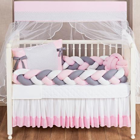 Kit Protetor Berço Classic Lateral 2Tranças Menina Rosa e Cinza com almofada nó escandinava 12 peças - L2M Menor preço em Kit Protetor Berço Classic Lateral 2Tranças Menina Rosa e Cinza com almofada nó escandinava 12 peças - L2M