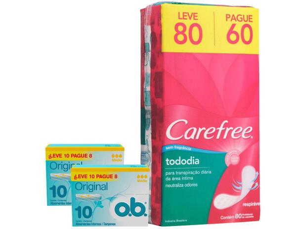 Kit Protetor Diário Carefree Todo dia 80 - Unidades + Absorvente Interno O.B. Original 20 Uni Menor preço em Kit Protetor Diário Carefree Todo dia 80 - Unidades + Absorvente Interno O.B. Original 20 Uni