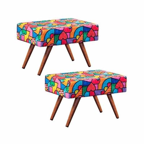 Kit Puff Banqueta Retangular Pés Palito Alto Tecido Romero Britto - Nay estofados Menor preço em Kit Puff Banqueta Retangular Pés Palito Alto Tecido Romero Britto - Nay estofados