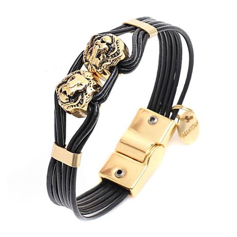 Menor preço em Kit Pulseira Leão Fio Couro Preto Pedra Natural ON MANTOAN