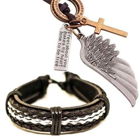 Kit Pulseira Masculina Couro + Colar Cordão Asa Anjo Prata - Colleshop Menor preço em Kit Pulseira Masculina Couro + Colar Cordão Asa Anjo Prata - Colleshop