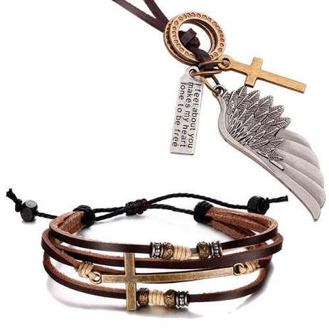 Kit Pulseira Masculina Couro Cruz + Cordão Asa Anjo Prata - Colleshop é boa?