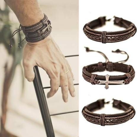 Kit Pulseiras De Couro Bracelete Masculino - Colleshop Menor preço em Kit Pulseiras De Couro Bracelete Masculino - Colleshop