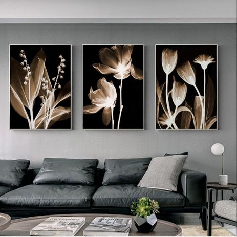Kit quadro decorativo 3 peças folhas douradas abstratas fundo preto moderno novidade decoração - Ana Decor Menor preço em Kit quadro decorativo 3 peças folhas douradas abstratas fundo preto moderno novidade decoração - Ana Decor