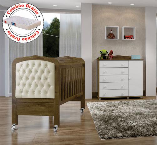Kit Quarto de Bebê Amadeirado-Berço Capitonê (e Colchão)-Cômoda 5 gavetas Allegra Tigus Baby Menor preço em Kit Quarto de Bebê Amadeirado-Berço Capitonê (e Colchão)-Cômoda 5 gavetas Allegra Tigus Baby