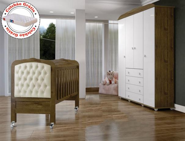 Kit Quarto de Bebê Amadeirado-Berço Capitonê (e Colchão)-Guarda-roupas 4 protas Allegra Tigus Baby Menor preço em Kit Quarto de Bebê Amadeirado-Berço Capitonê (e Colchão)-Guarda-roupas 4 protas Allegra Tigus Baby