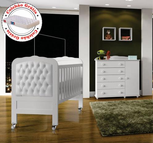 Kit Quarto de Bebê Branco-Berço Capitonê (e Colchão)-Cômoda 5 gavetas Allegra Tigus Baby Menor preço em Kit Quarto de Bebê Branco-Berço Capitonê (e Colchão)-Cômoda 5 gavetas Allegra Tigus Baby