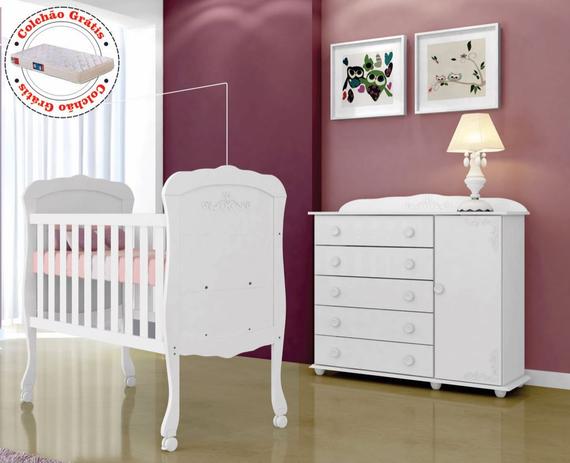 Kit Quarto de Bebê Provençal Branco-Berço (e Colchão)-Cômoda 5 gavetas Maria Fernanda Tigus Baby Menor preço em Kit Quarto de Bebê Provençal Branco-Berço (e Colchão)-Cômoda 5 gavetas Maria Fernanda Tigus Baby