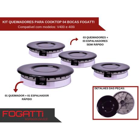 Kit Queimadores + Espalhadores Sabaf para Cooktop 4 Bocas Fogatti Menor preço em Kit Queimadores + Espalhadores Sabaf para Cooktop 4 Bocas Fogatti