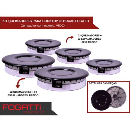 Kit Queimadores + Espalhadores Sabaf para Cooktop 5 Bocas Fogatti Menor preço em Kit Queimadores + Espalhadores Sabaf para Cooktop 5 Bocas Fogatti