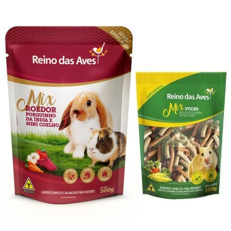 Kit Ração Porquinho Da Índia e Mini Coelho 500g + Sticks Biscoito Para Roedores 100g - Reino das Aves Menor preço em Kit Ração Porquinho Da Índia e Mini Coelho 500g + Sticks Biscoito Para Roedores 100g - Reino das Aves